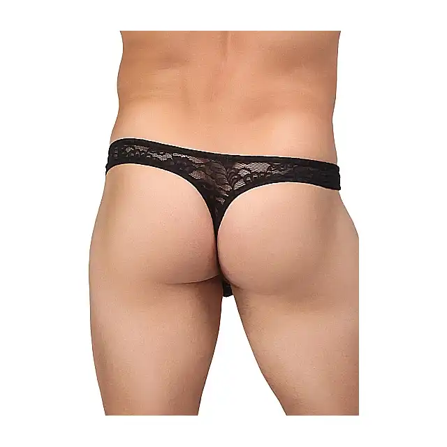 Male Power - Bong Thong L/XL Lace - Koronkowe stringi męskie eksponujące pośladki