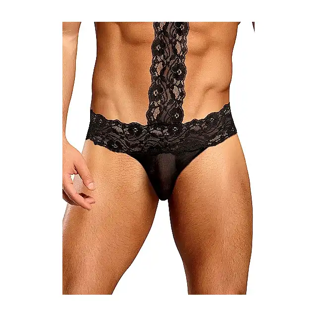 Male Power - Choker Thong L/XL - Stringi połączone z chokerem grubą koronką