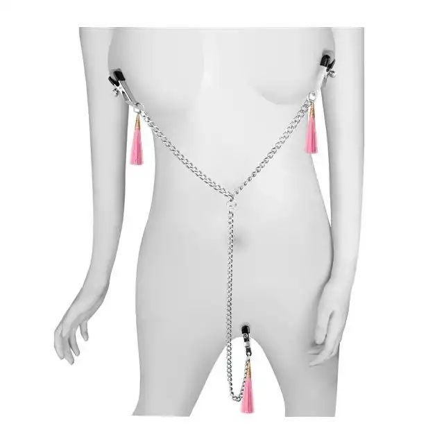 LoveToy - Nipple Clit Tassel Clamp Pink - klamerki na sutki i wargi sromowe z różowym ogonkiem 
