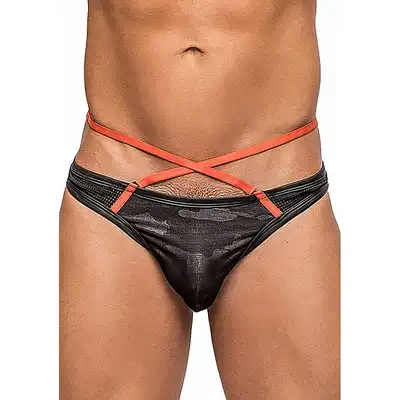 Male Power - Sport Strap Thong L/XL - Stringi męskie z materiału imitującego skórę z odpinanymi paskami podkreślającymi biodra