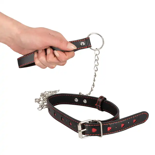 Bad Kitty - Collar and Leash - Zestaw: smycz z obrożą w śliczne czerwone serduszka