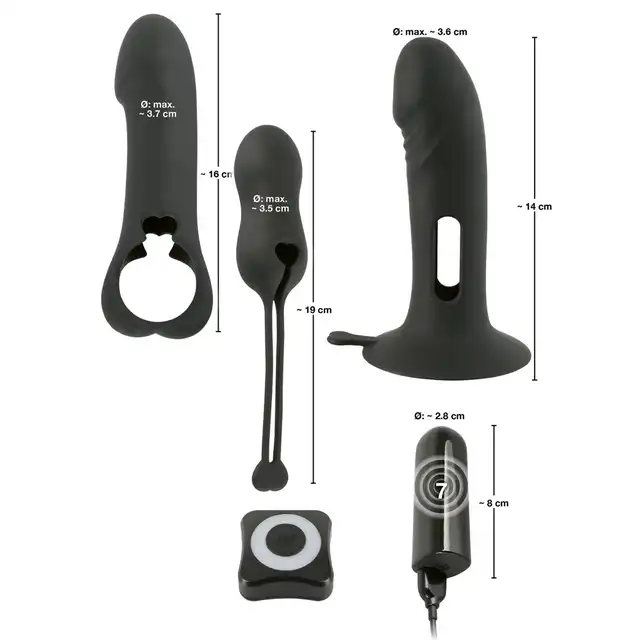 Black Velvets - Vibrator Kit - Wibrator z trzema silikonowymi nakładkami - wtyczka, wibrator, pocisk