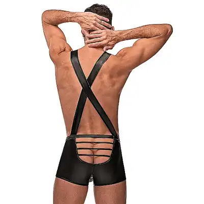 Male Power - Cage Back Singlet L/XL - Szorty na szelkach z paskami podkreślającymi pośladki