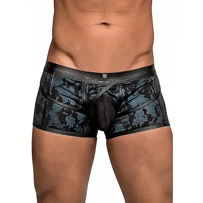 Male Power - Pouch Short L - Pełne szorty z wykończeniem imitującym skórę i intrygującym nadrukiem