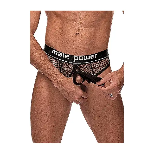 Male Power - Cock Ring Thong PIT  L/XL - Wyjątkowe stringi z elastycznym ringiem i odpinanym woreczkiem na penisa