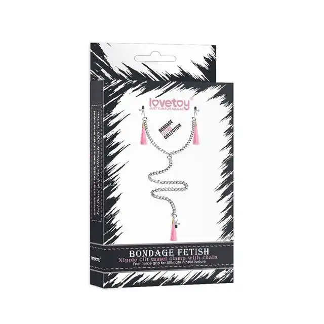 LoveToy - Nipple Clit Tassel Clamp Pink - klamerki na sutki i wargi sromowe z różowym ogonkiem 