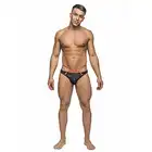 Male Power - Sport Strap Thong L/XL - Stringi męskie z materiału imitującego skórę z odpinanymi paskami podkreślającymi biodra