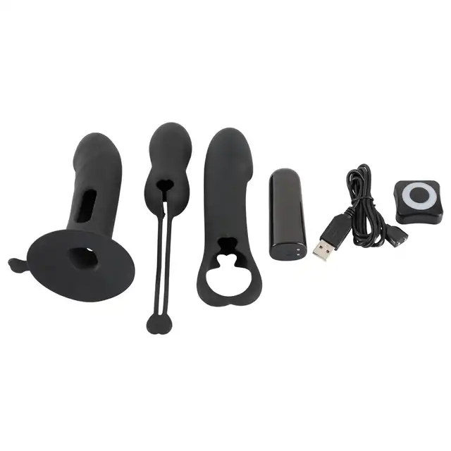Black Velvets - Vibrator Kit - Wibrator z trzema silikonowymi nakładkami - wtyczka, wibrator, pocisk