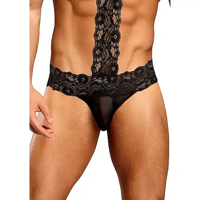 Male Power - Choker Thong L/XL - Stringi połączone z chokerem grubą koronką