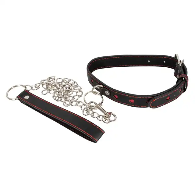 Bad Kitty - Collar and Leash - Zestaw: smycz z obrożą w śliczne czerwone serduszka