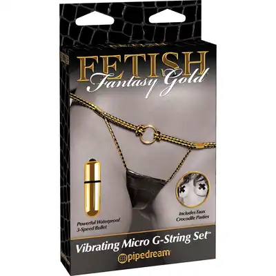 FF - Goldvibrating Micro G-String Set - zestaw stringów ze złotymi zdobieniami z wibrującym pociskiem