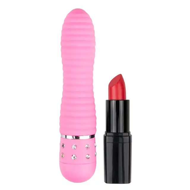 Easy Toys - Diamond Vibrator Pink Prążkowany mały wibratorek z sztucznymi diamentami