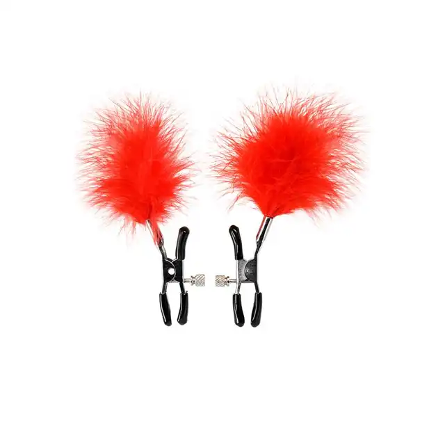 Theatre - Nipple Clamps Red. Metalowe zaciski na sutki z czerwonymi piórkami 