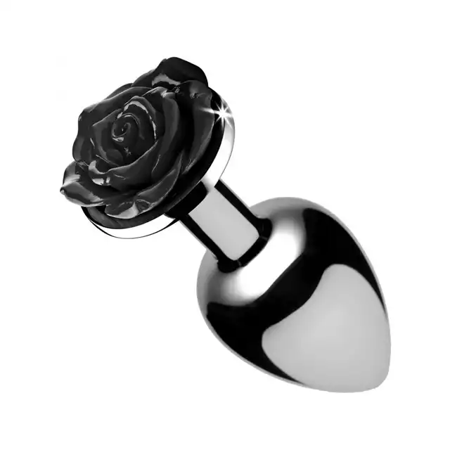 Booty Sparks - Black Rose L. Srebrny plug analny z czarną różą. 