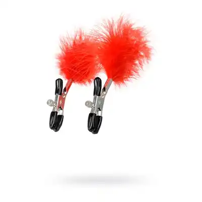 Theatre - Nipple Clamps Red. Metalowe zaciski na sutki z czerwonymi piórkami 