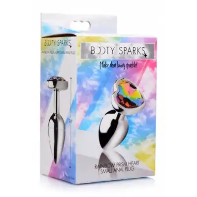 Booty Sparks - Rainbow Heart S. Srebrny plug analny z tęczowym kryształkiem 
