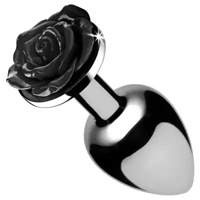 Booty Sparks - Black Rose L. Srebrny plug analny z czarną różą. 