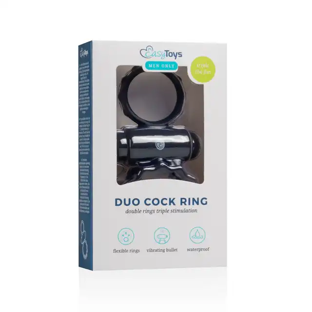 Easy Toys - Duo Cock Ring z wibracjami i stymulatorem łechtaczki. Kolor czarny
