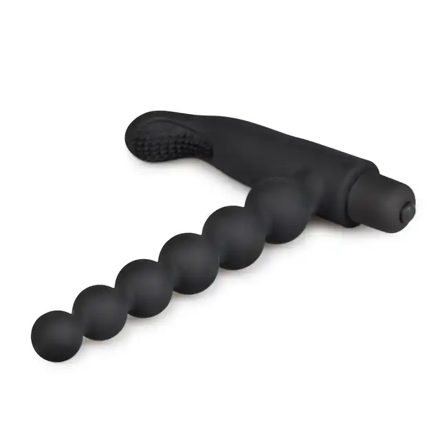 Easy Toys Beaded Buddy Vibrator - Black Wibrujący stymulator z elastycznymi koralikami analnymi i zewnętrznym stymulatorem krocza