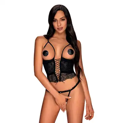 Obsessive - Romanesa Corset S/M - Gorset i otwarte stringi. Kolor czarny. Rozmiar S/M