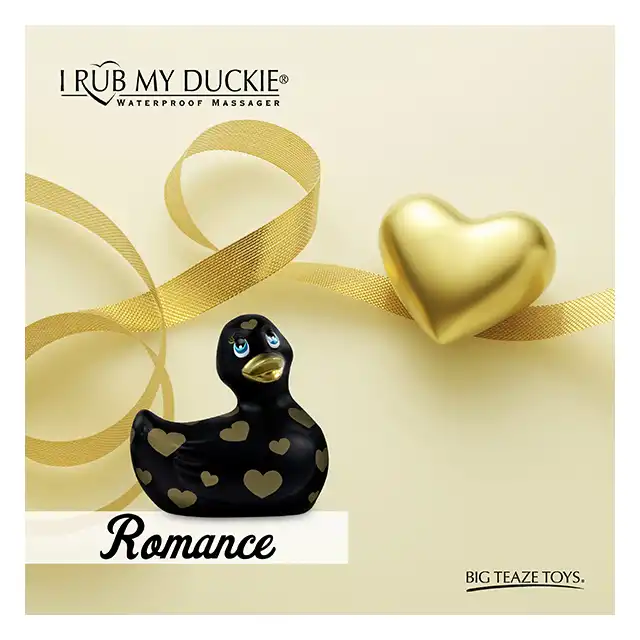 I Rub My Duckie 2.0. Wibrator w kształcie czarnej kaczuszki ze złotymi sercami. 7 trybów wibracji