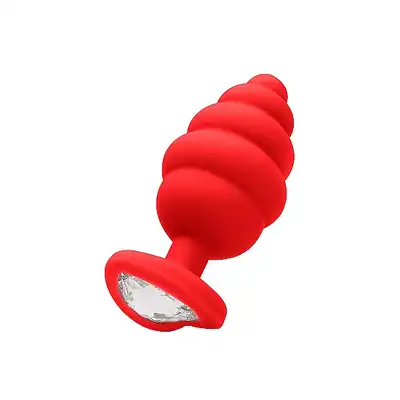 Ouch! - Regular Ribbed Diamond Heart Plug - Czerwony prążkowany korek analny z kryształkiem. Top produkt! Mega sale!