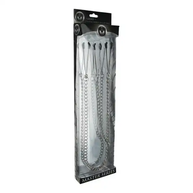 Master Series - Nipple to Clit Tweezer Clamp. Zaciski na sutki i łechtaczkę połączone łańcuszkiem