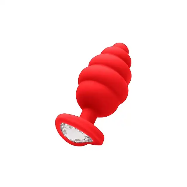 Ouch! - Regular Ribbed Diamond Heart Plug - Czerwony prążkowany korek analny z kryształkiem. Top produkt! Mega sale!