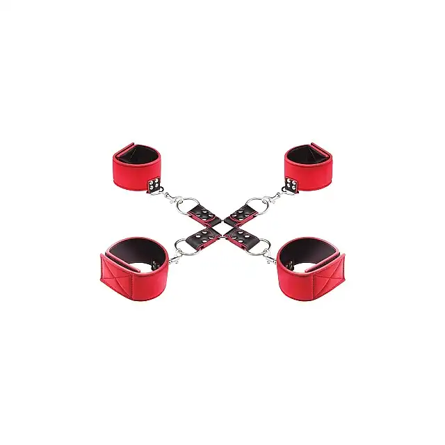 Ouch! - Reversible Hogtie - Red - czerwone kajdanki krzyżowe do zniewalania! Mega sale! Ostatnia sztuka!