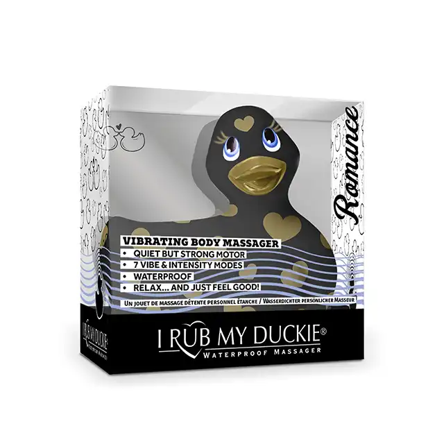 I Rub My Duckie 2.0. Wibrator w kształcie czarnej kaczuszki ze złotymi sercami. 7 trybów wibracji