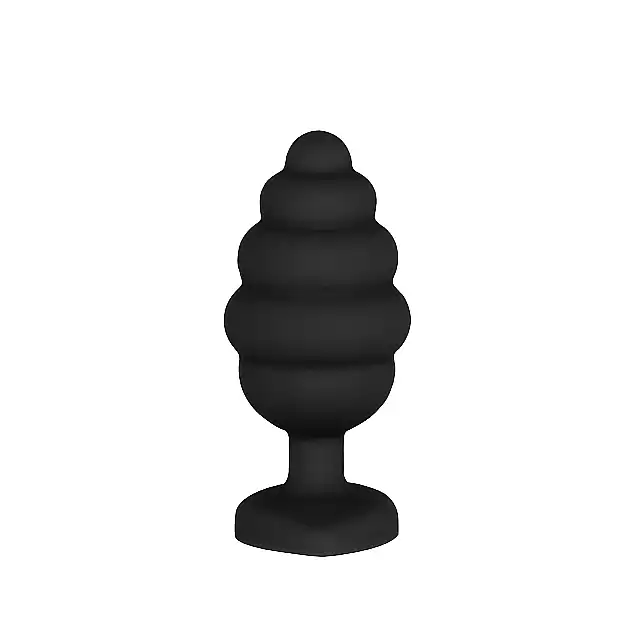 Ouch! - Large Ribbed Diamond Heart Plug. Czarny prążkowany korek analny z kryształkiem L
