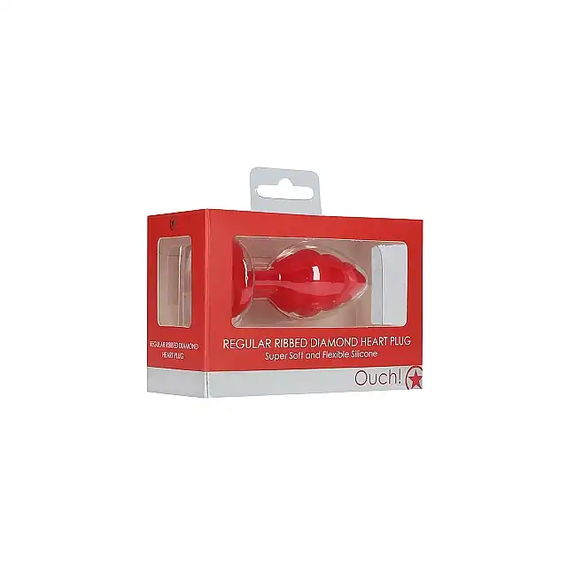 Ouch! - Regular Ribbed Diamond Heart Plug - Czerwony prążkowany korek analny z kryształkiem. Top produkt! Mega sale!