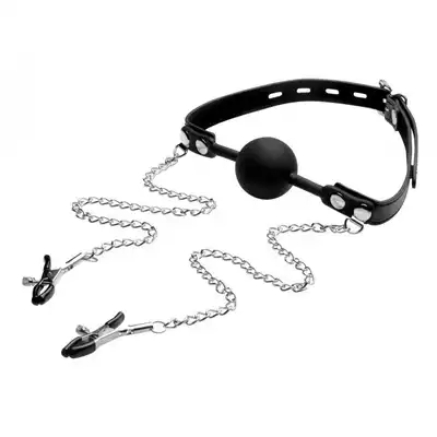 Strict - Silicone Ball Gag With Nipple Clamps. Regulowane klamerki na sutki z kneblem. 