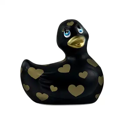 I Rub My Duckie 2.0. Wibrator w kształcie czarnej kaczuszki ze złotymi sercami. 7 trybów wibracji