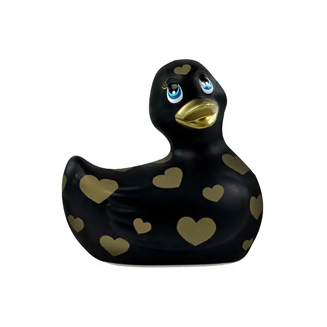 I Rub My Duckie 2.0. Wibrator w kształcie czarnej kaczuszki ze złotymi sercami. 7 trybów wibracji
