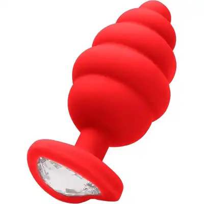 Ouch! - Large Ribbed Diamond Heart Plug. Prążkowany czerwony plug z kryształkiem