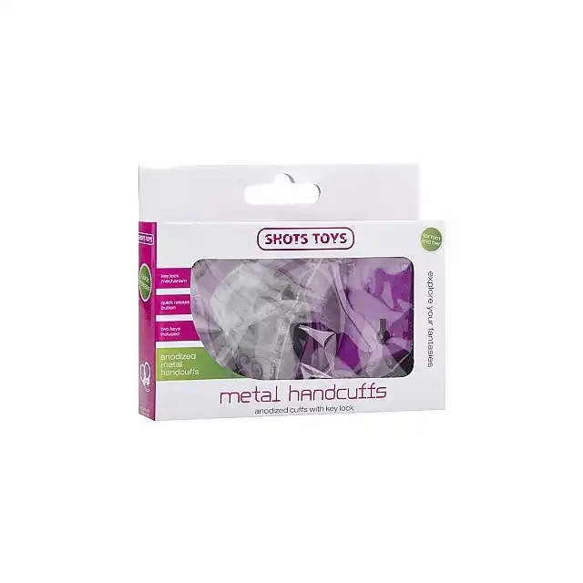  Shots Toys - Metal Handcuffs Purple. Fioletowe kajdanki z lekkiego metalu z łańcuszkiem 