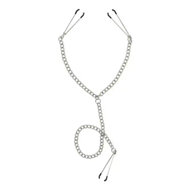 Master Series - Nipple to Clit Tweezer Clamp. Zaciski na sutki i łechtaczkę połączone łańcuszkiem