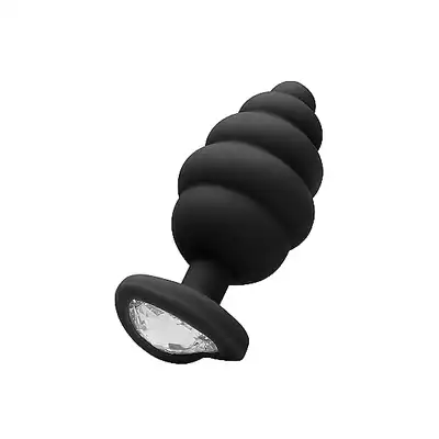 Ouch! - Regular Ribbed Diamond Heart Plug - Prążkowany czarny plug z kryształkiem. Top produkt. Ostatnia sztuka!