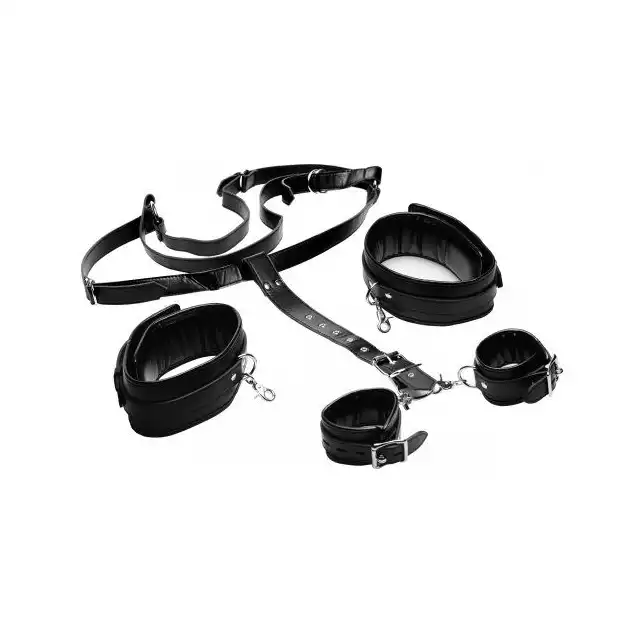 Strict - Deluxe Thigh Sling With Wrist. Skórzane kajdanki na uda i ręce oraz pas do wiązania. 