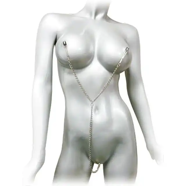 Master Series - Nipple to Clit Tweezer Clamp. Zaciski na sutki i łechtaczkę połączone łańcuszkiem