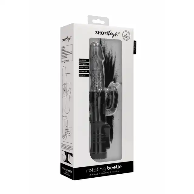 Shots Toys - Rotating Beetle Black. Rotacyjny wibrator ze stymulatorem łechtaczki w kształcie żuka. 4 języczki.