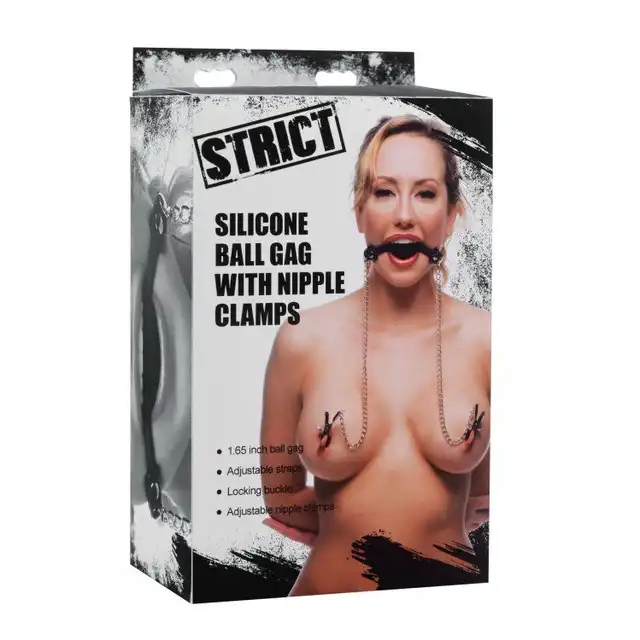 Strict - Silicone Ball Gag With Nipple Clamps. Regulowane klamerki na sutki z kneblem. 