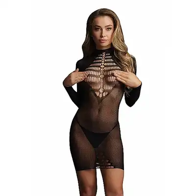 Le Desir - Long Sleeve Fishnet Dress S/L - fikuśna czarna mini z długim rękawem