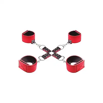 Ouch! - Reversible Hogtie - Red - czerwone kajdanki krzyżowe do zniewalania! Mega sale! Ostatnia sztuka!