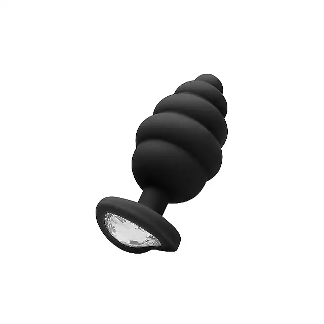 Ouch! - Regular Ribbed Diamond Heart Plug - Prążkowany czarny plug z kryształkiem. Top produkt. Ostatnia sztuka!