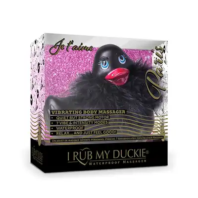 Big Teaze Toys - I Rub My Duckie 2.0 Paris Collction Black. Kaczuszka glamour z diamentem Svarowskiego i Boa. 7 programów. Wibrator incognito.