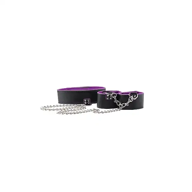 Ouch! - Reversible Collar Cuffs Purple - skórzana obroża połączona z kajdankami. Idealna sesja BDSM. Mega sale!