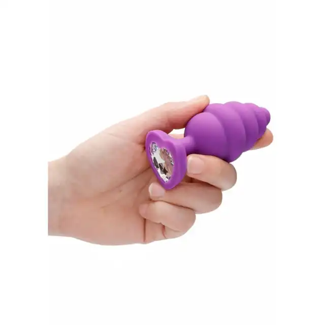 Ouch! - Large Ribbed Diamond Heart Plug. Prążkowany korek analny z kryształkiem rozmiar L