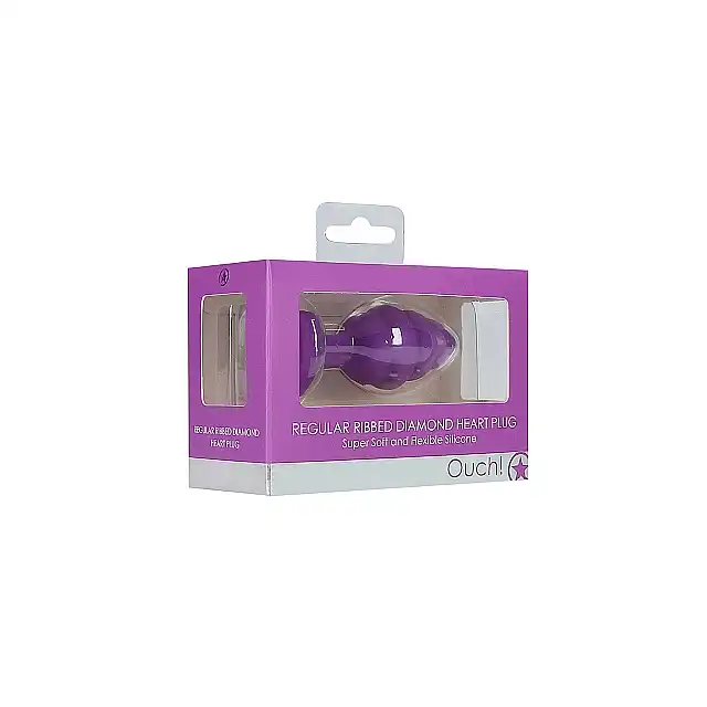 Ouch! - Regular Ribbed Diamond Heart Plug Purple - Prążkowany fioletowy plug z kryształkiem. Mega sale!
